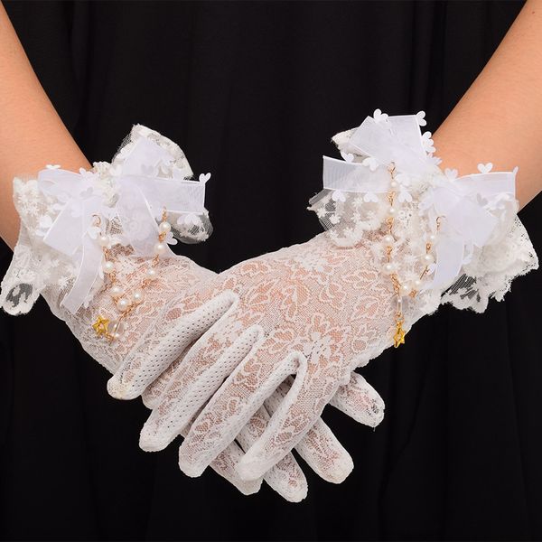 women lolita lace gloves white cute bead chain gloves for bride gifts, Blue;gray