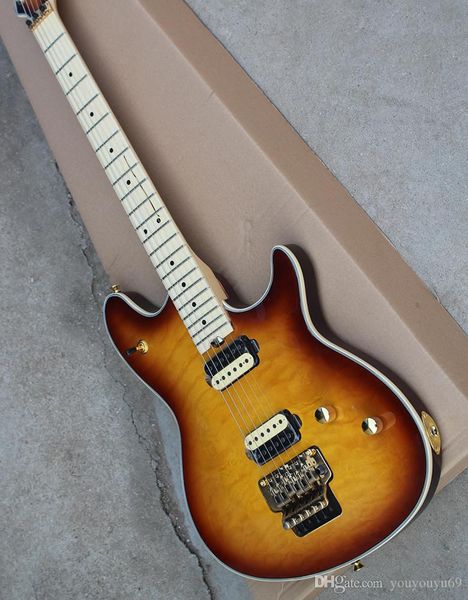 tobacco electric sunburst guitar with gold hardware, flame beige veneer, floyd rose, hh pickup, personalized service
tobacco electric sunburst guitar with gold hardware, flame beige veneer, floyd rose, hh pickup, personalized service