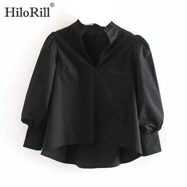 solid ruffle v neck women blouse shirt chic three quarter puff sleeve gothic loose female irregular black tunic blouse, White
solid ruffle v neck women blouse shirt chic three quarter puff sleeve gothic loose female irregular black tunic blouse, White