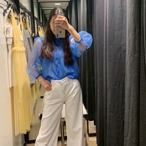 2020 summer england style long lace mesh puff sleeve turn down collar blue blouse women mf639, White
2020 summer england style long lace mesh puff sleeve turn down collar blue blouse women mf639, White
