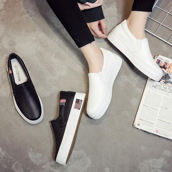 2019 autumn white pu leather women's shoes white thick bottom lok fu lazy student shoes, Black
