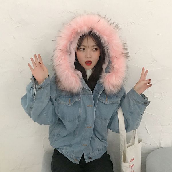2019 women jacket winter thick jean jacket pink fur collar fleece hooded denim coat female lamb fur padded warm denim, Blue;black
2019 women jacket winter thick jean jacket pink fur collar fleece hooded denim coat female lamb fur padded warm denim, Blue;black