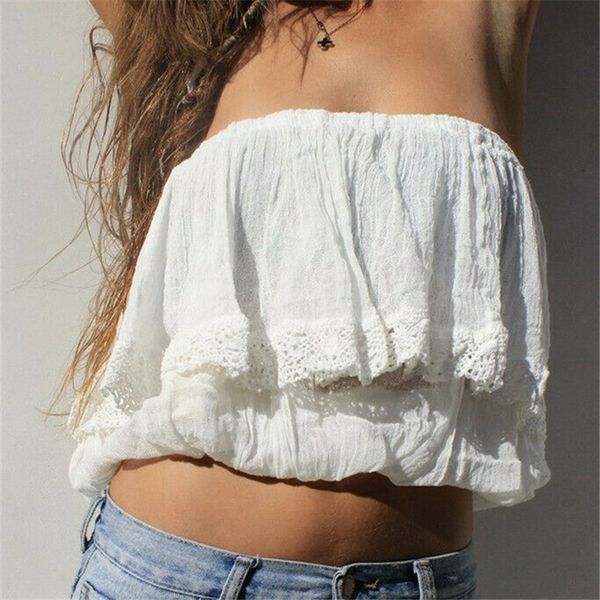 women vogue summer short strapless crop ruffled sleeveless solid blouse tube loose chest wrap top, White
women vogue summer short strapless crop ruffled sleeveless solid blouse tube loose chest wrap top, White