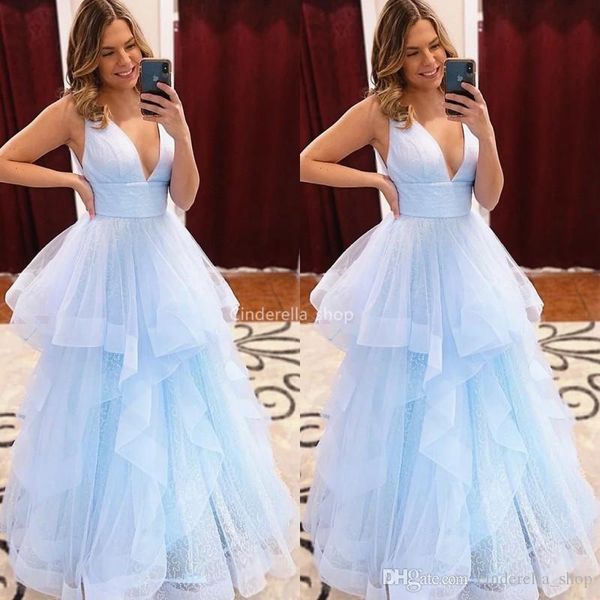 shiny light sky blue a-line evening dresses long deep v-neck tiered tulle ruffles floor length formal dress prom party gowns abiye, Black
shiny light sky blue a-line evening dresses long deep v-neck tiered tulle ruffles floor length formal dress prom party gowns abiye, Black
