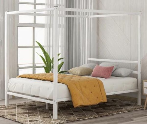 

Металлическая каркасная кровать-платформа с балдахином со встроенным изголовьем,без пружинной коробки, классический дизайн, Королева, Белый