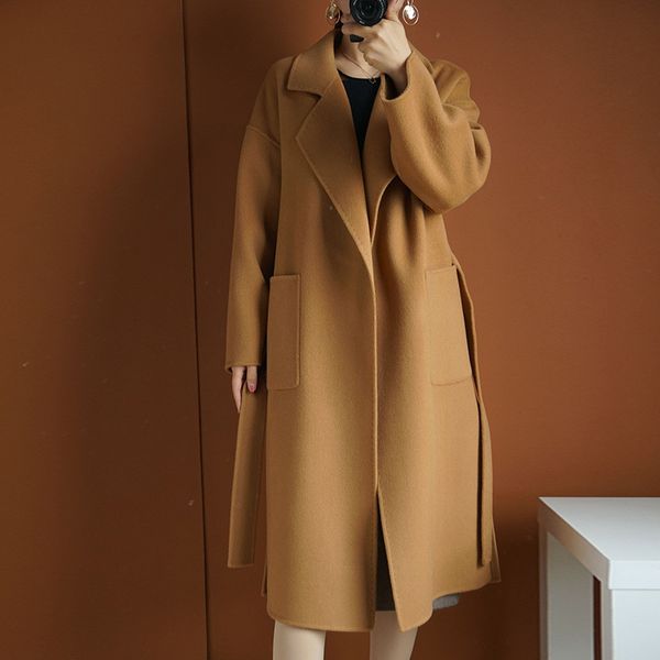 winter wool coat women reversible cashmere coat woolen female wavy classic, Black