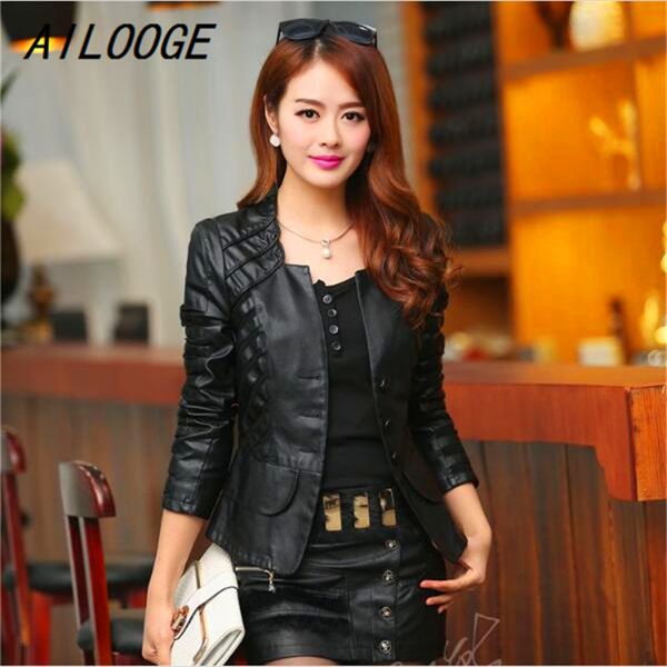 

ailooge autumn leather jacket women casual long sleeve faux short coat fashion mosaic plus size pu bomber jacket femininas, Black