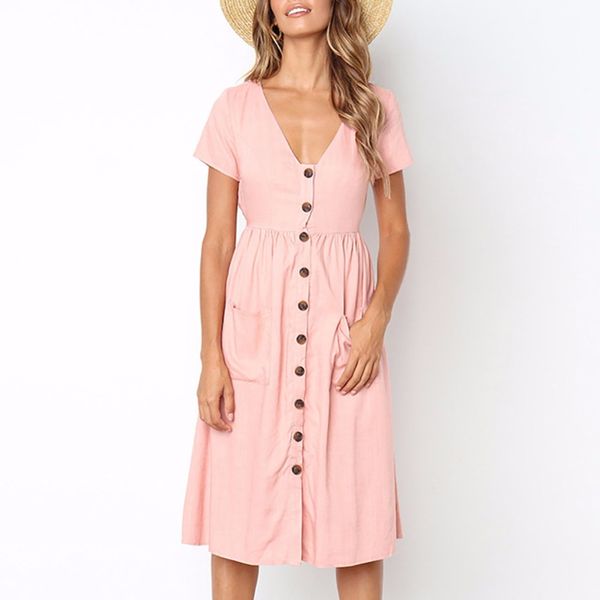 summer fashion solid color deep v-neck dress short sleeve single-breasted two pockets dress casual style #275071, Black;gray
summer fashion solid color deep v-neck dress short sleeve single-breasted two pockets dress casual style #275071, Black;gray