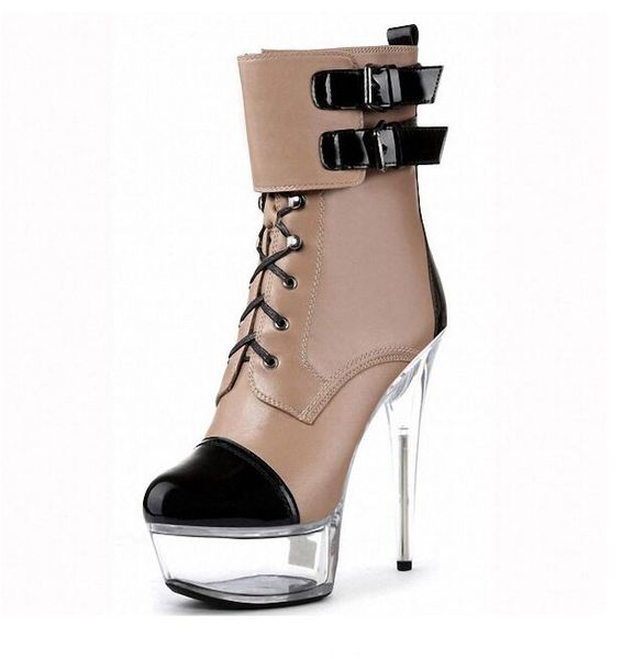 15cm belt buckle decorative baotou color matching super high heel stiletto front lacing female low boots, Black
15cm belt buckle decorative baotou color matching super high heel stiletto front lacing female low boots, Black