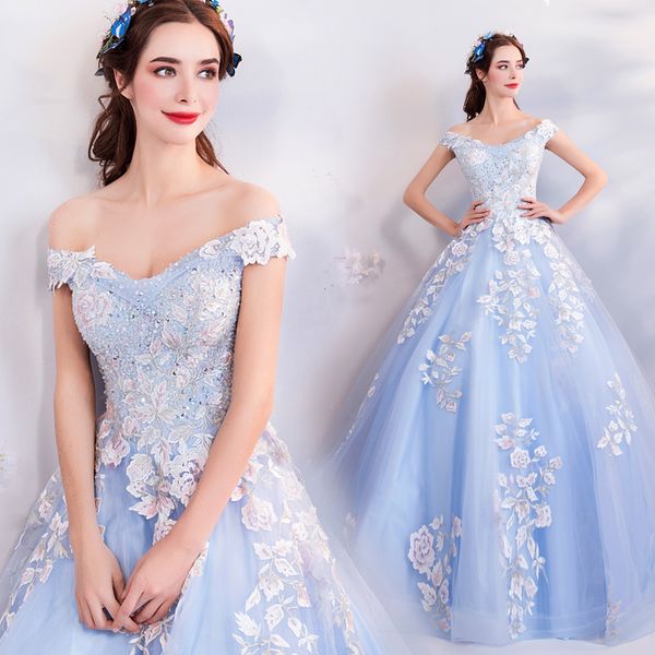 2019 light blue prom dress off shoulder sweet and fresh ball gown lace appliques performance party paqgeant formal dresses, White;black
2019 light blue prom dress off shoulder sweet and fresh ball gown lace appliques performance party paqgeant formal dresses, White;black