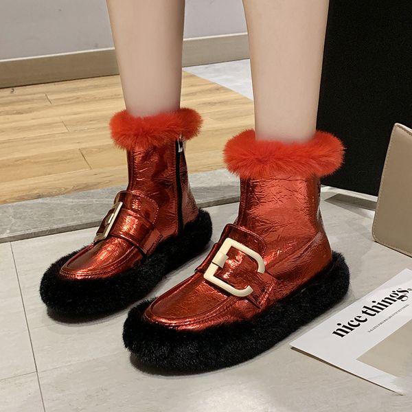 women shiny furry ankle boots ladies plus velvet short boots fashion metal buckle 2019 winter shoes woman warm 4 colors, Black 
women shiny furry ankle boots ladies plus velvet short boots fashion metal buckle 2019 winter shoes woman warm 4 colors, Black