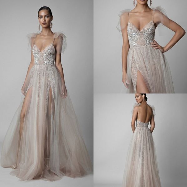berta 2019 prom dresses sheer spaghetti straps high side split backless lace appliques formal evening gowns a line party dress, Black
berta 2019 prom dresses sheer spaghetti straps high side split backless lace appliques formal evening gowns a line party dress, Black