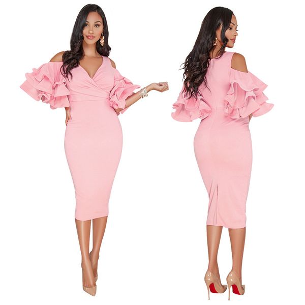 solid flounced sleeves cold shoulder v neck elegant party evening midi dress bodycon knee length dress, White;black
solid flounced sleeves cold shoulder v neck elegant party evening midi dress bodycon knee length dress, White;black