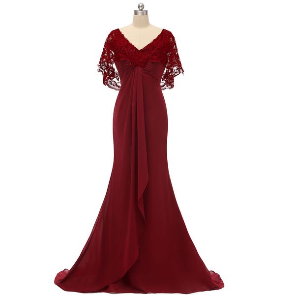 v neck real image draped chiffon mermiad burgundy lace evening dress with wrap lace backless formal gown appliques sweep train pleats modern, Black;red
v neck real image draped chiffon mermiad burgundy lace evening dress with wrap lace backless formal gown appliques sweep train pleats modern, Black;red