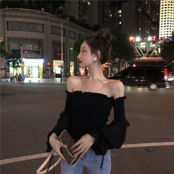 autumn korea 2020 women's clothing fashion thin slash neck shoulder elastic waist lace flare long sleeve black blouse shirt, White
autumn korea 2020 women's clothing fashion thin slash neck shoulder elastic waist lace flare long sleeve black blouse shirt, White