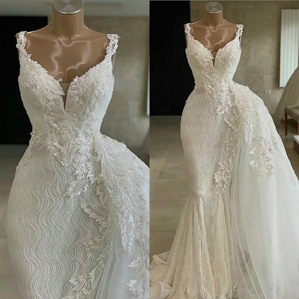 2020 beading mermaid wedding dresses with tulle overskirt lace bridal gowns ruffles sweep train vestido de novia, White
2020 beading mermaid wedding dresses with tulle overskirt lace bridal gowns ruffles sweep train vestido de novia, White