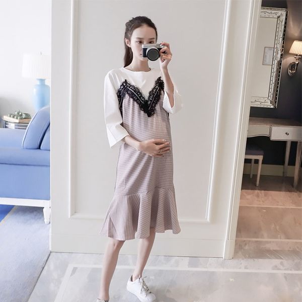 pregnant woman summer cotton dress short sleeve plus size lace patchwork plaid mermaid dress maternity fashion trumpet dress, Black;gray
pregnant woman summer cotton dress short sleeve plus size lace patchwork plaid mermaid dress maternity fashion trumpet dress, Black;gray