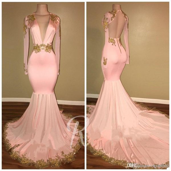 2019 new pink deep v neck satin mermaid prom dresses long sleeves gold lace applique beaded backless formal party prom evening dress aw343, Black
2019 new pink deep v neck satin mermaid prom dresses long sleeves gold lace applique beaded backless formal party prom evening dress aw343, Black
