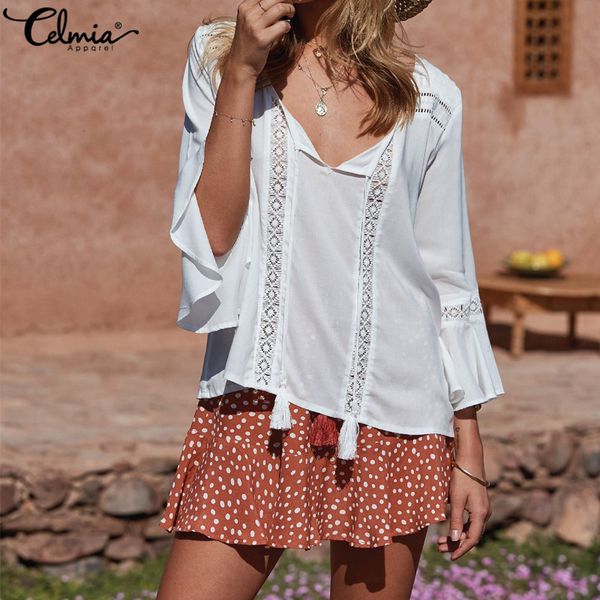 plus size summer celmia 2020 women hollow out flare sleeve fashion blouse casual loose v neck ladies blusas beach shirt, White
plus size summer celmia 2020 women hollow out flare sleeve fashion blouse casual loose v neck ladies blusas beach shirt, White