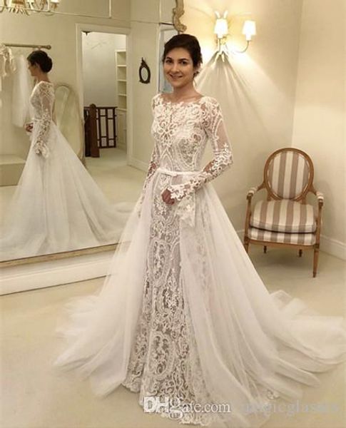 modest wedding dresses with detachable skirt bateau neck lace appliqued long sleeve wedding dress plus size vestido de noiva bridal gown, White
modest wedding dresses with detachable skirt bateau neck lace appliqued long sleeve wedding dress plus size vestido de noiva bridal gown, White