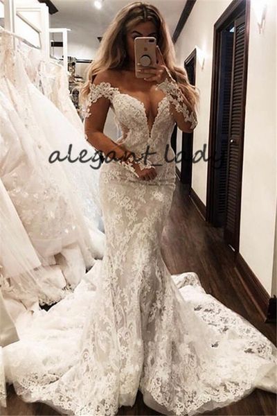 gorgeous lace mermaid wedding dresses with long sleeve 2019 off shoulder cathedral train arabic beach garden trumpet wedding gown, White
gorgeous lace mermaid wedding dresses with long sleeve 2019 off shoulder cathedral train arabic beach garden trumpet wedding gown, White