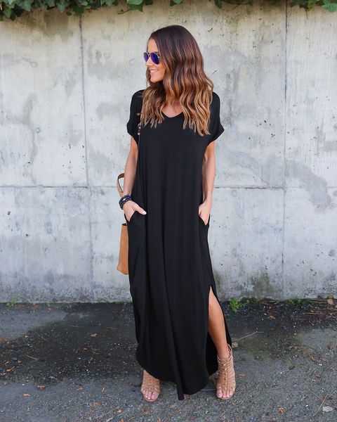 split dresses pure color summer dress v-neck womens clothing one lady piece dress female pocket mrpjd, Black
split dresses pure color summer dress v-neck womens clothing one lady piece dress female pocket mrpjd, Black