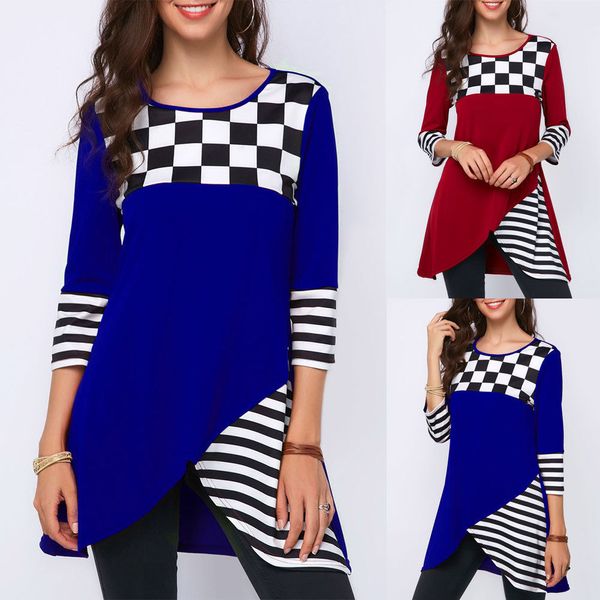 2019 new style fashion women o neck lady striped plaid patchwork pullover long sleeve blouse o neck irregular top, White
2019 new style fashion women o neck lady striped plaid patchwork pullover long sleeve blouse o neck irregular top, White