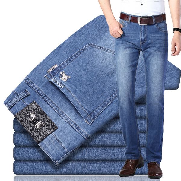 mens designer business casual jeans thin light cotton loose straight high waist pants, Blue
mens designer business casual jeans thin light cotton loose straight high waist pants, Blue