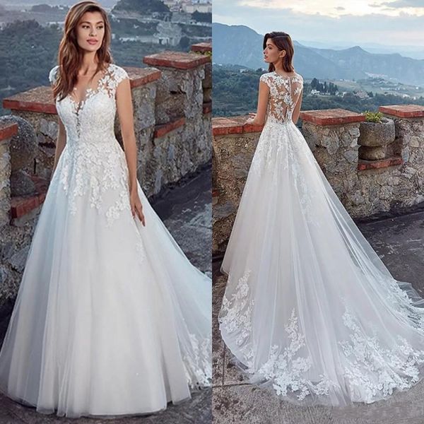 lace appliqued a line wedding dresses 2020 sheer crew neck cap sleeves country bridal gown illusion button back sweep train vestidos, White
lace appliqued a line wedding dresses 2020 sheer crew neck cap sleeves country bridal gown illusion button back sweep train vestidos, White