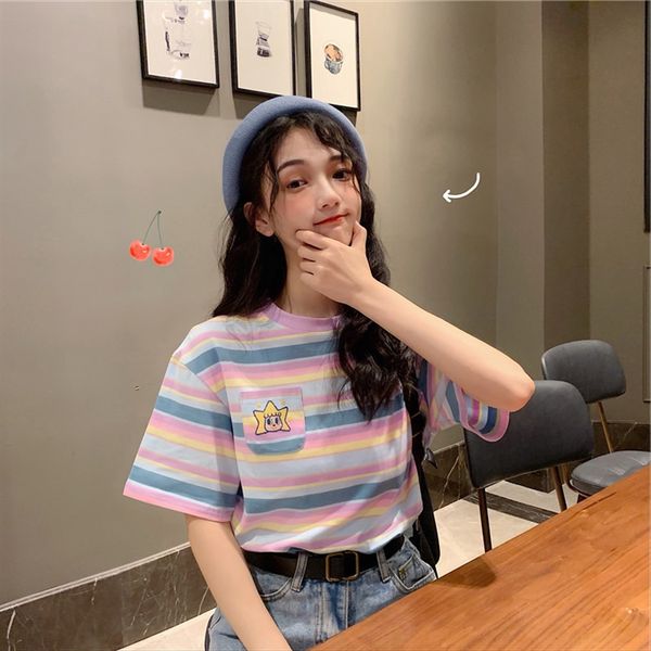 girl's with a sense of antiquity hong kong t-shirt elegant style rainbow stripe academic style loose short-sleeved t-shirt female, White
girl's with a sense of antiquity hong kong t-shirt elegant style rainbow stripe academic style loose short-sleeved t-shirt female, White