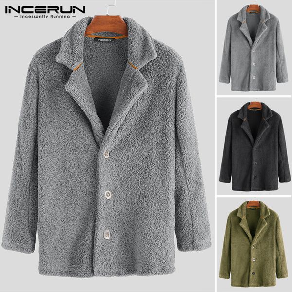 

incerun fleece men jackets streetwear warm coats long sleeve 2019 fashion button winter men outwear fluffy solid overcoats s-5xl, Black;brown