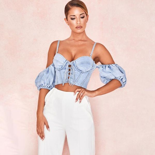 new women's solid color denim lace wrap chest umbilical puff sleeve vest, White
new women's solid color denim lace wrap chest umbilical puff sleeve vest, White