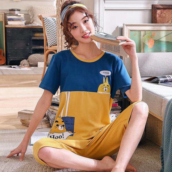 summer ladies knitted cotton pajamas sets leisure women short sleeve cropped trousers girls wear outside cute cartoon nightwear, Blue;gray
summer ladies knitted cotton pajamas sets leisure women short sleeve cropped trousers girls wear outside cute cartoon nightwear, Blue;gray