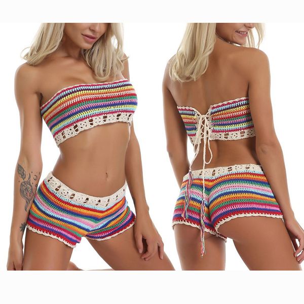 two-piece suits womens bohemian rainbow handmade crochet knitted bikini set drawstring lace up bandeau tube shorts beach swimsuit
two-piece suits womens bohemian rainbow handmade crochet knitted bikini set drawstring lace up bandeau tube shorts beach swimsuit