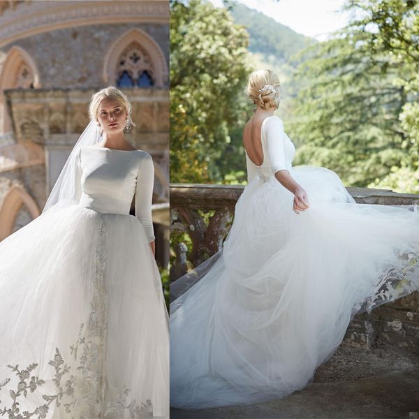 2020 simple country wedding dresses backless bateau neckline long sleeves satin tulle lace applique wedding gown robe de mariee, White
2020 simple country wedding dresses backless bateau neckline long sleeves satin tulle lace applique wedding gown robe de mariee, White