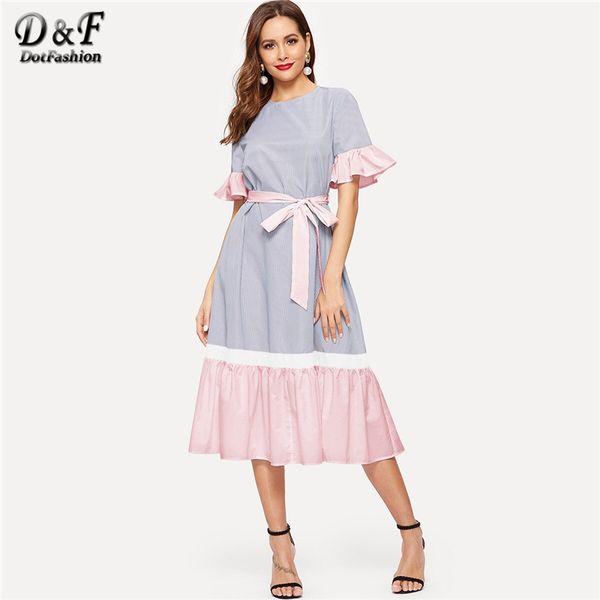 

dotfashion ruffle hem color-block belted striped dress for women 2019 a line summer dresses flounce half sleeve midi dress, Black;gray