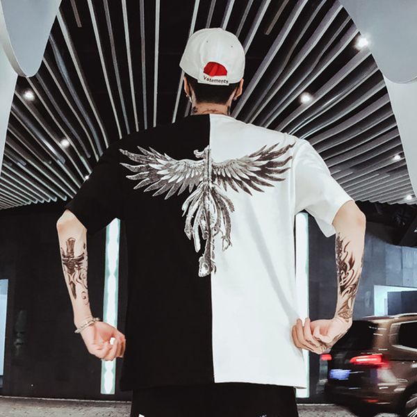japanese phoenix wing print short sleeve summer cotton black white splice t-shirts hip hop couple tees, White;black
japanese phoenix wing print short sleeve summer cotton black white splice t-shirts hip hop couple tees, White;black