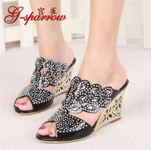 g-sparrow 2018 summer rhinestone women's diamond wedge peep toe platform high heels female slippers black 8cm
g-sparrow 2018 summer rhinestone women's diamond wedge peep toe platform high heels female slippers black 8cm
