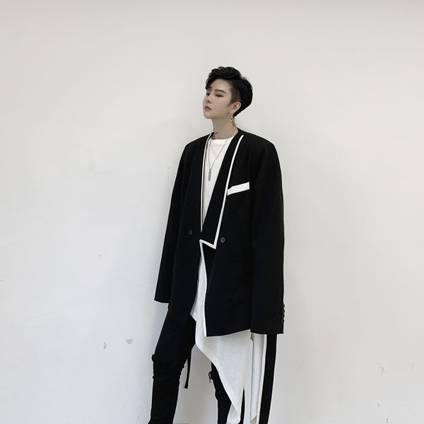 men suit jacket autumn irregulr collar belt casual suit coat slim fit blazer male streetwear hip hop chic outerwear, White;black
men suit jacket autumn irregulr collar belt casual suit coat slim fit blazer male streetwear hip hop chic outerwear, White;black
