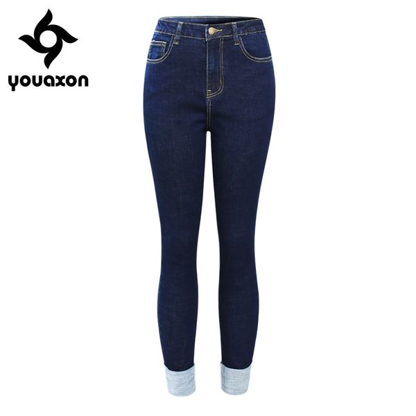 

2183 youaxon new eu size high waist jeans woman with cuffs plus stretchy denim pants trousers for women pencil skinny jeans, Blue