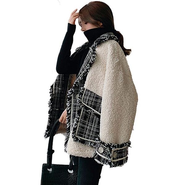 women 2019 spring autumn tweed plaid stitching artificial lambswool coat female loose casual overcoat chic plush outerwear v960, Black
women 2019 spring autumn tweed plaid stitching artificial lambswool coat female loose casual overcoat chic plush outerwear v960, Black