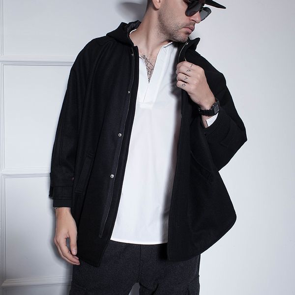 wool coat man 2019 new short style hooded hoodie with a hat fashion bat shirt coat retro-british cape, Black
wool coat man 2019 new short style hooded hoodie with a hat fashion bat shirt coat retro-british cape, Black