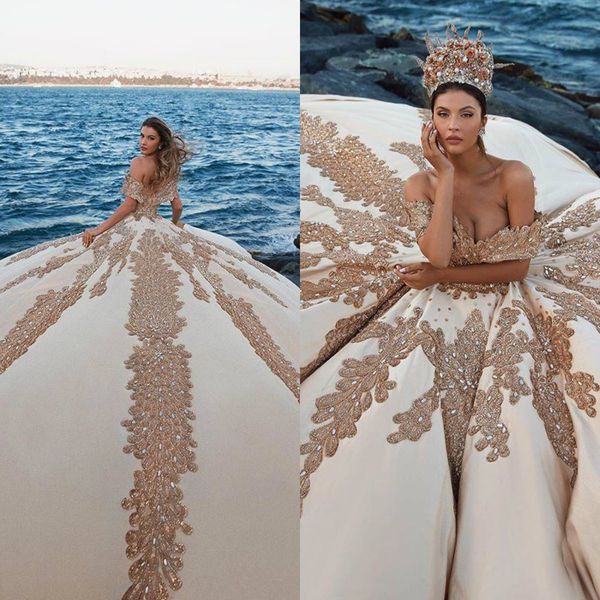 vintage champagne ball gown wedding dresses with lace appliques off shoulder satin bridal gowns backless vestido de novia, White
vintage champagne ball gown wedding dresses with lace appliques off shoulder satin bridal gowns backless vestido de novia, White
