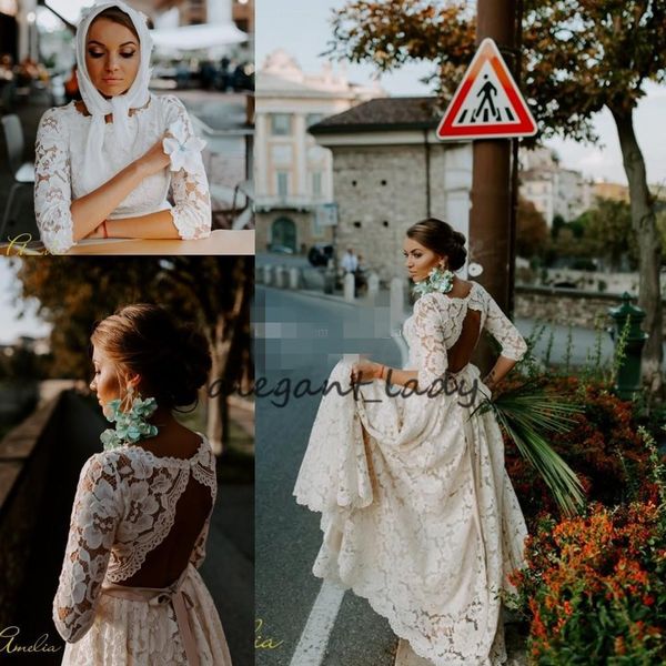 gorgeous country wedding dresses 3/4 long sleeves lace scalloped neck backless sweep train boho a line wedding gown vestido de novia, White 
gorgeous country wedding dresses 3/4 long sleeves lace scalloped neck backless sweep train boho a line wedding gown vestido de novia, White