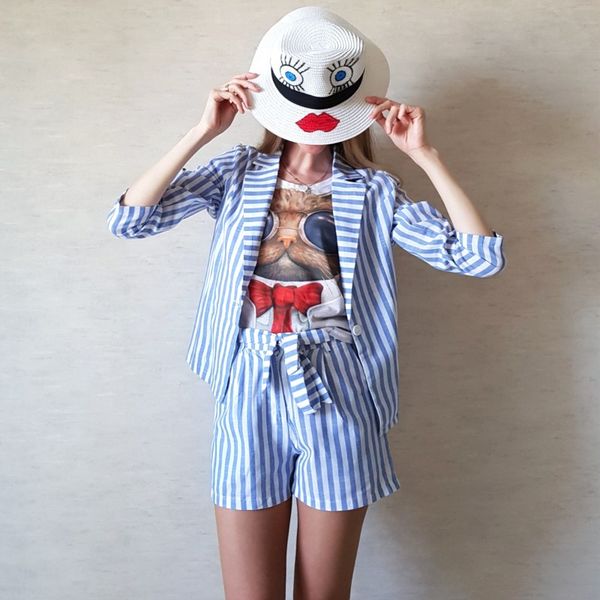 vintage striped two piece set women 2020 summer blue womens suits and shorts elegant office ladies 2 piece set, White
vintage striped two piece set women 2020 summer blue womens suits and shorts elegant office ladies 2 piece set, White