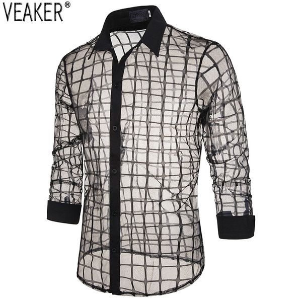 2019 autumn new men's plaid mesh transparent shirt male hollow out shirts casual black white long sleeve s-2xl, White;black
2019 autumn new men's plaid mesh transparent shirt male hollow out shirts casual black white long sleeve s-2xl, White;black