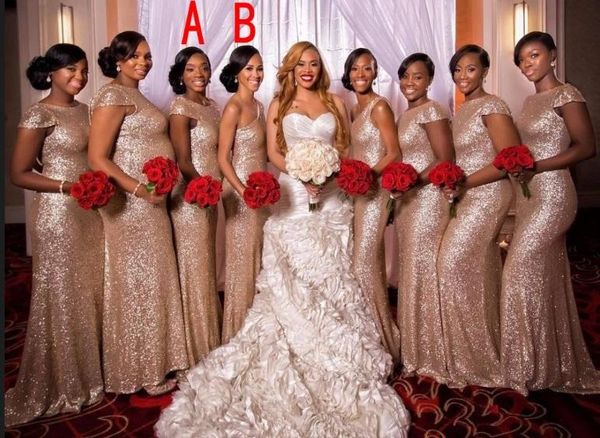 2020 african rose gold sequined bridesmaid dresses one shoulder jewel neck capped sleeves zipper back sweep train mermaid party gowns custom, White;pink