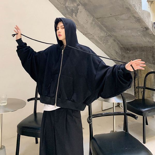 men bat sleeve loose casual zipper hooded sweatshirt coat male women streetwear hip hop gothic short hoodie jacket outerwear, Tan;black 
men bat sleeve loose casual zipper hooded sweatshirt coat male women streetwear hip hop gothic short hoodie jacket outerwear, Tan;black