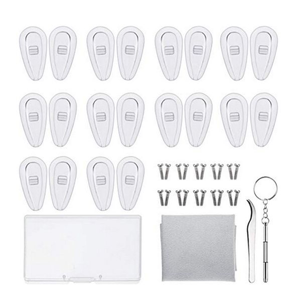 1 set eyeglass repair kit air chamber nose pads silicone screw-in eyewear with screws tweezer and cleaning cloth set, Silver 
1 set eyeglass repair kit air chamber nose pads silicone screw-in eyewear with screws tweezer and cleaning cloth set, Silver