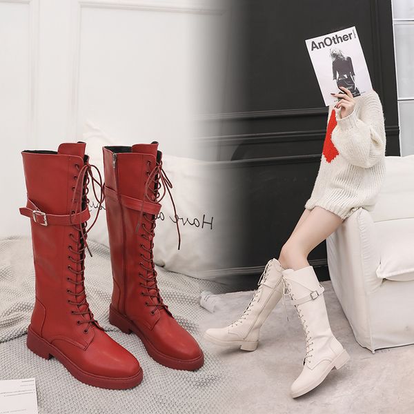 

tessffel 2019 fashion winter lace up knee high knight boots women round toe buckle leather motorcycle boots botas mujer invierno, Black